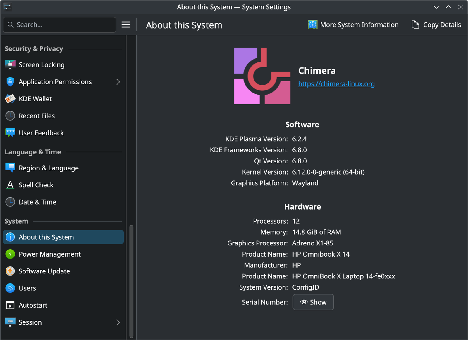 About this system in KDE Plasma showing Chimera Linux running on Snapdragon X hardware.