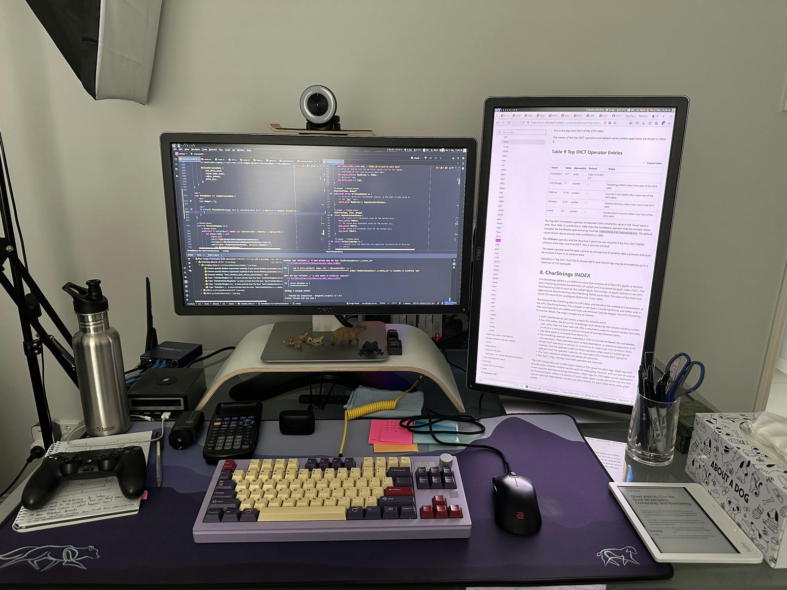 A photo of my desk. There's two displays, the one on the right is rotated into a portait orientation, the left on is on a wooden monitor stand. In front of the monitors are: a PS4 controller, TI-89, tenkeyless mechanical keyboard, mouse, and Kobo e-Reader.