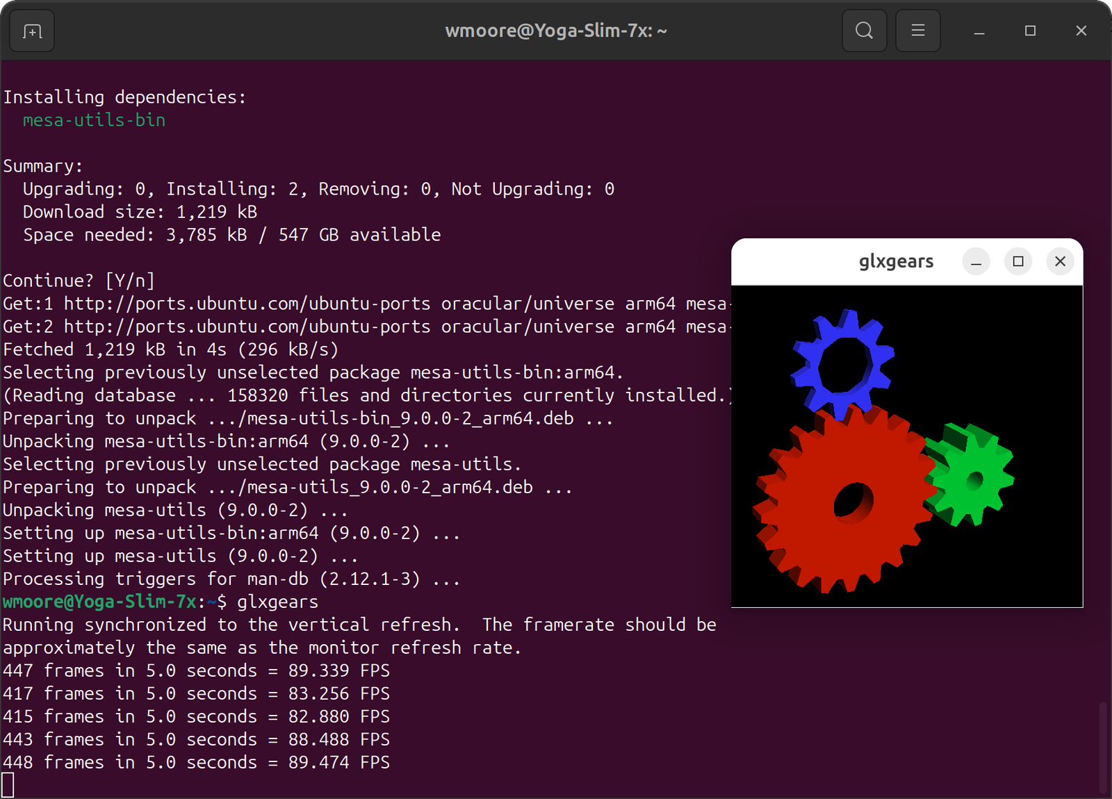 Screenshot showing glxgears running and reporting 89fps in the terminal.