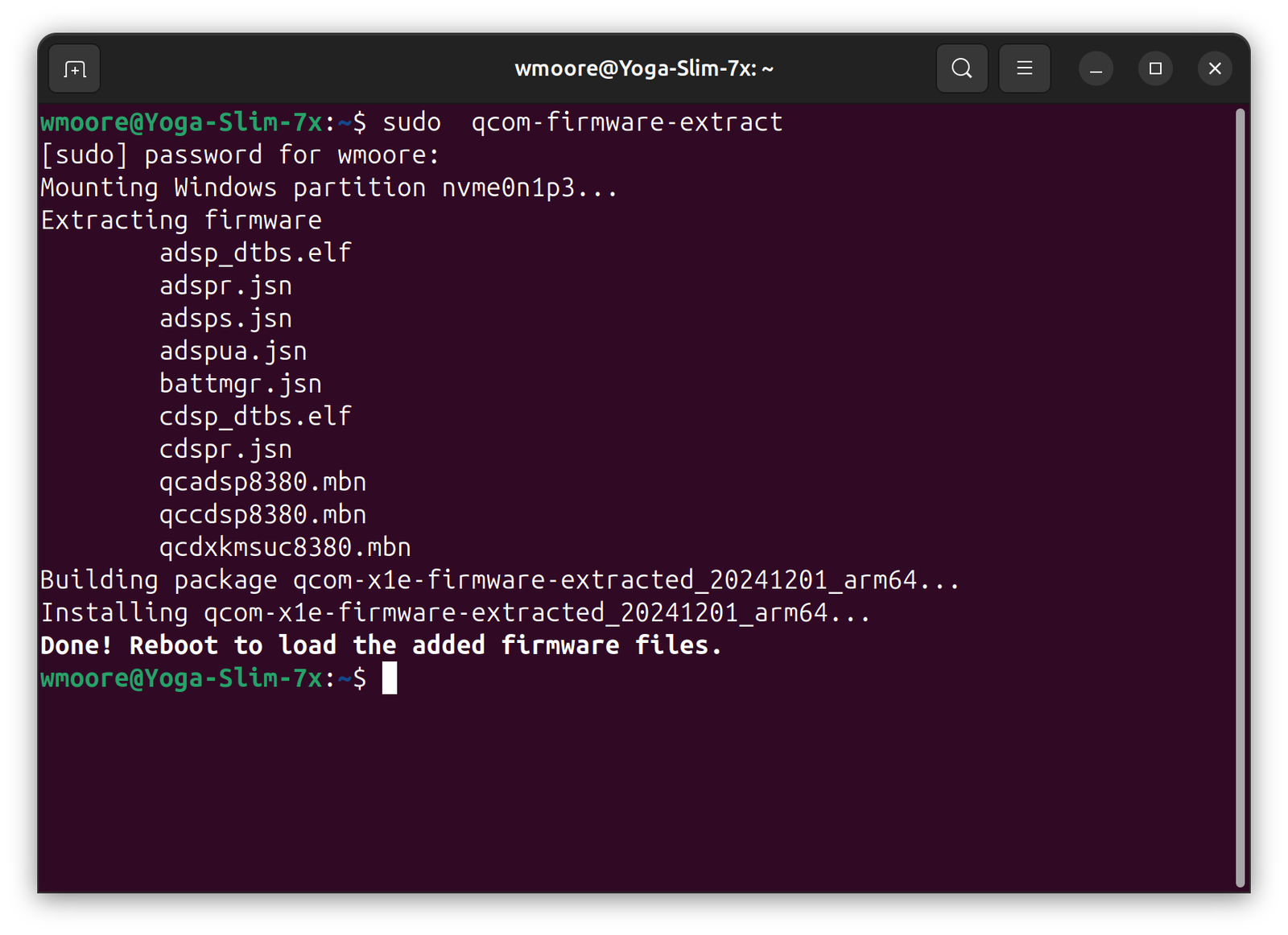 Screenshot of a terminal showing the output from running qcom-firmware-extract. It says 'extracting firmware' followed by a list of files, and ends with 'Building package qcom-x1e-firmware-extracted_20241201_arm64'.