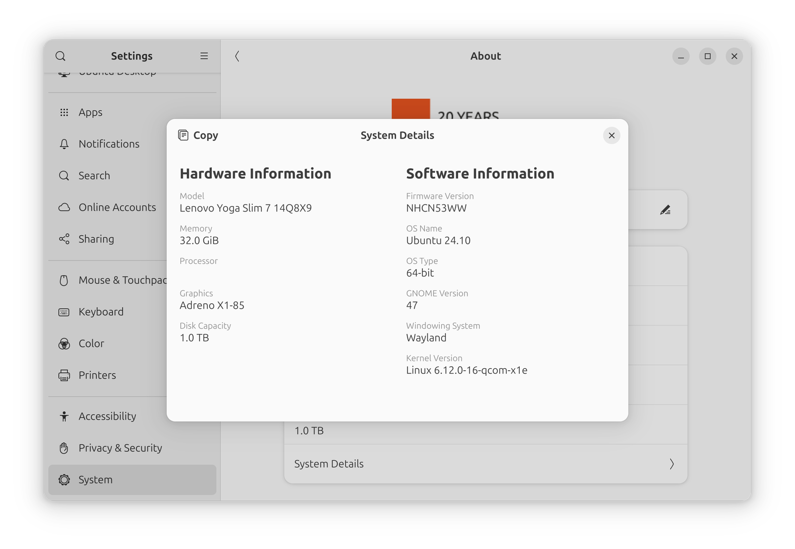 Screenshot of System Details in GNOME settings indicating that GNOME is running on a Lenovo Yoga Slim 7 14Q8X9 with 32Gb RAM, 1Tb disk, GNOME 47 on Wayland. The Processor section is blank.